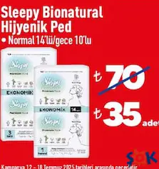 SLEEPY BİONATURAL HİJYENİK PED NORMAL 14'LÜ/GECE 10'LU